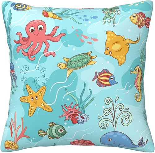 Miniatura 7 de Fundas de almohada decorativas de 12 x 12 pulgadas, diseño de peces de dibujos animados azules y estrellas de mar, fundas de cojín decorativas para