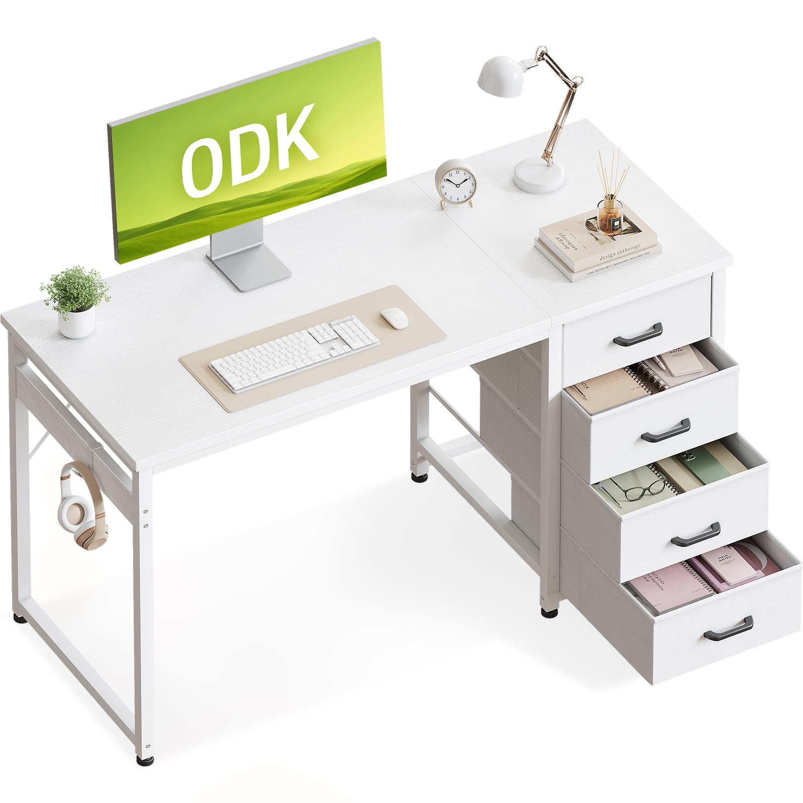 ODK Kleiner Schreibtisch mit 4 Schubladen, 100x48x75.7cm Computertisch Umkehrbarer Bürotisch mit Kopfhörer Halter, PC Tisch Holz für Heimbüro, Weiß