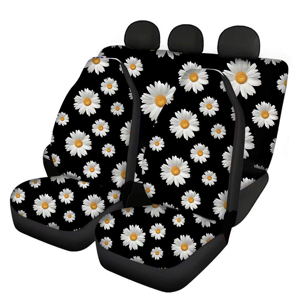 Freewander Black Daisy Auto Accessories Full Set of 4,Daisy Pattern Car Front Seat Covers Rear Backrest Cover Rear Bottom Bench Cover for Womens Ladies Automotive Interior Accessories Decor