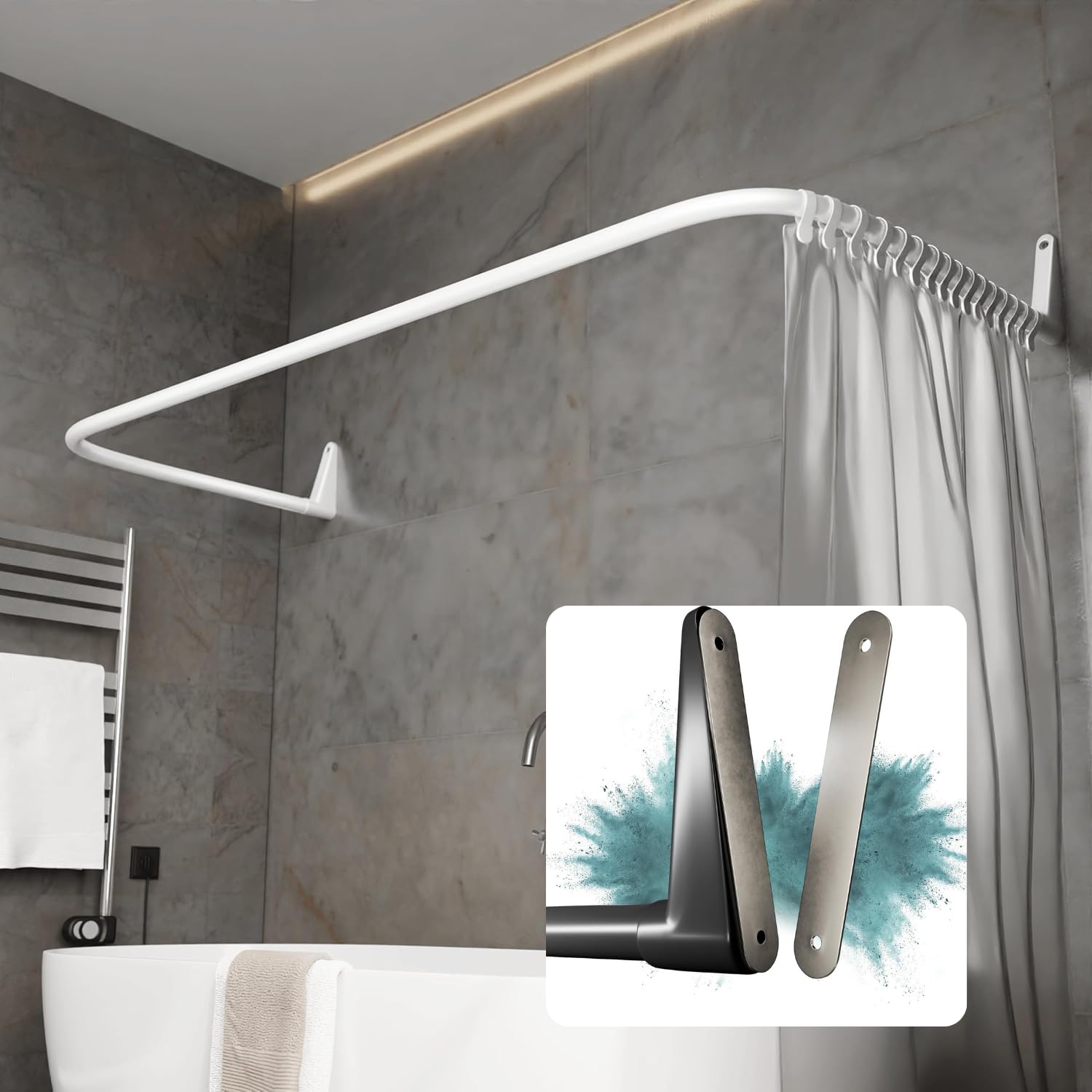 Tringle de Rideau de Douche en Forme de U - Sans Perçage - 70x165x70 cm - Montage Mural, Barre de Douche d'angle - Aucun Support au Plafond - Revêtement Plastique sans PVC (Blanc + Fixation Adhésive)