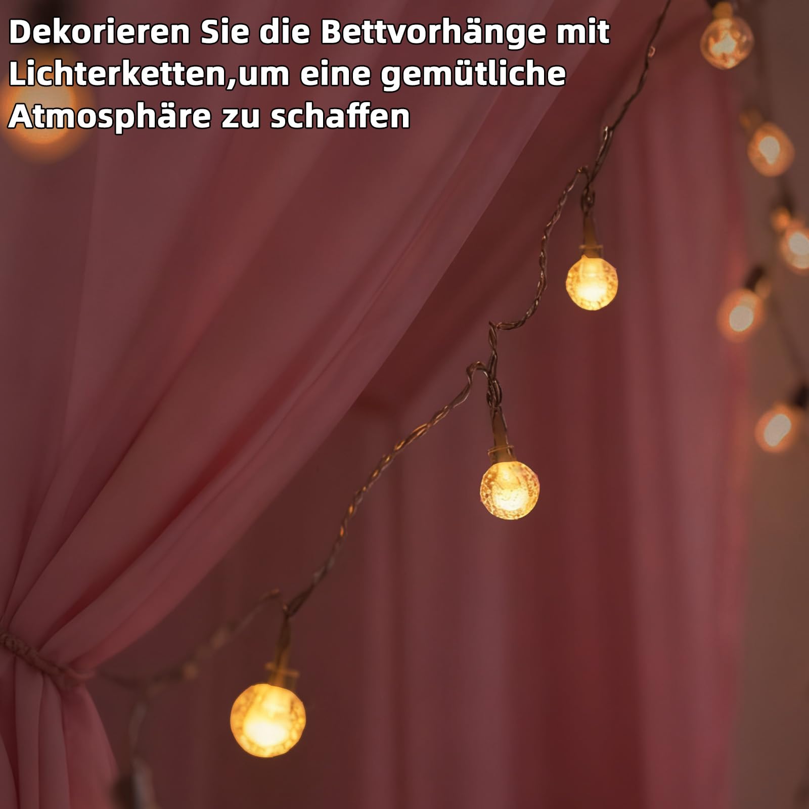 Ciel de lit avec guirlande lumineuse décorative - 135 x 420 cm - Rose