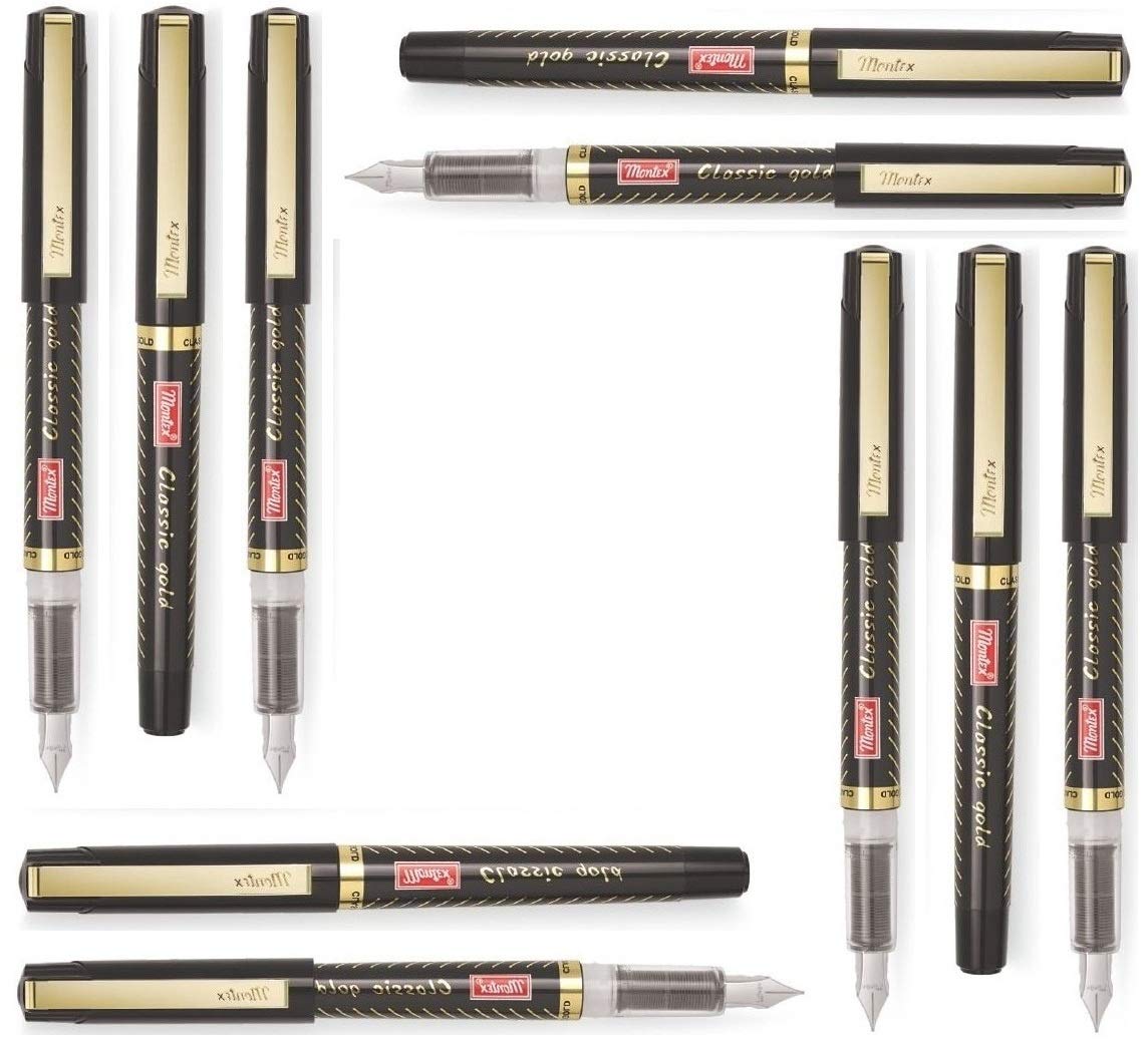Montex Classic Gold Fountain Pen (Pack of 10) With 2 Jumbo Size Blue Ink Cartridges By DTL