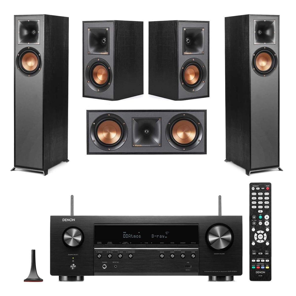 KlipschReference 5.0 Home Theater System with 2X R-610F Floorstanding Speaker, R-52C Center Channel Speaker, 2X R-41M Bookshelf Speaker and AVR-S670H 75W 5.2-Channel 8K Network AV Receiver, Black