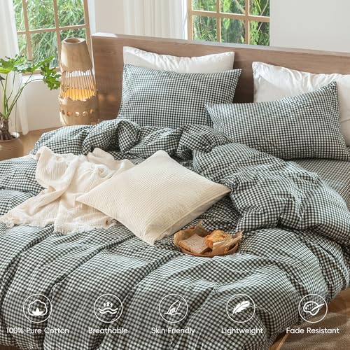 Image of MooMee Gingham Duvet Cover Set 100% Washed Cotton Linen Like Textured Breathable Durable Soft Comfy Modern Checkered Design (Mini Gingham Forest Green, Cal King 104 inchx98 inch)