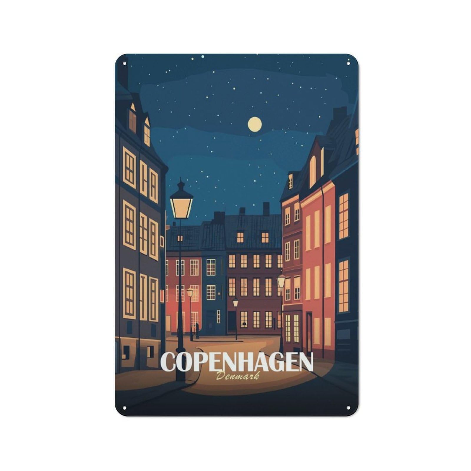 Junmoney Style-4 Tin Wall Plaque 30X20cm With Copenhagen Denmark Night Cityscape Illustration For Studio Or Craft Room, Suited To Studio Decor Lovers