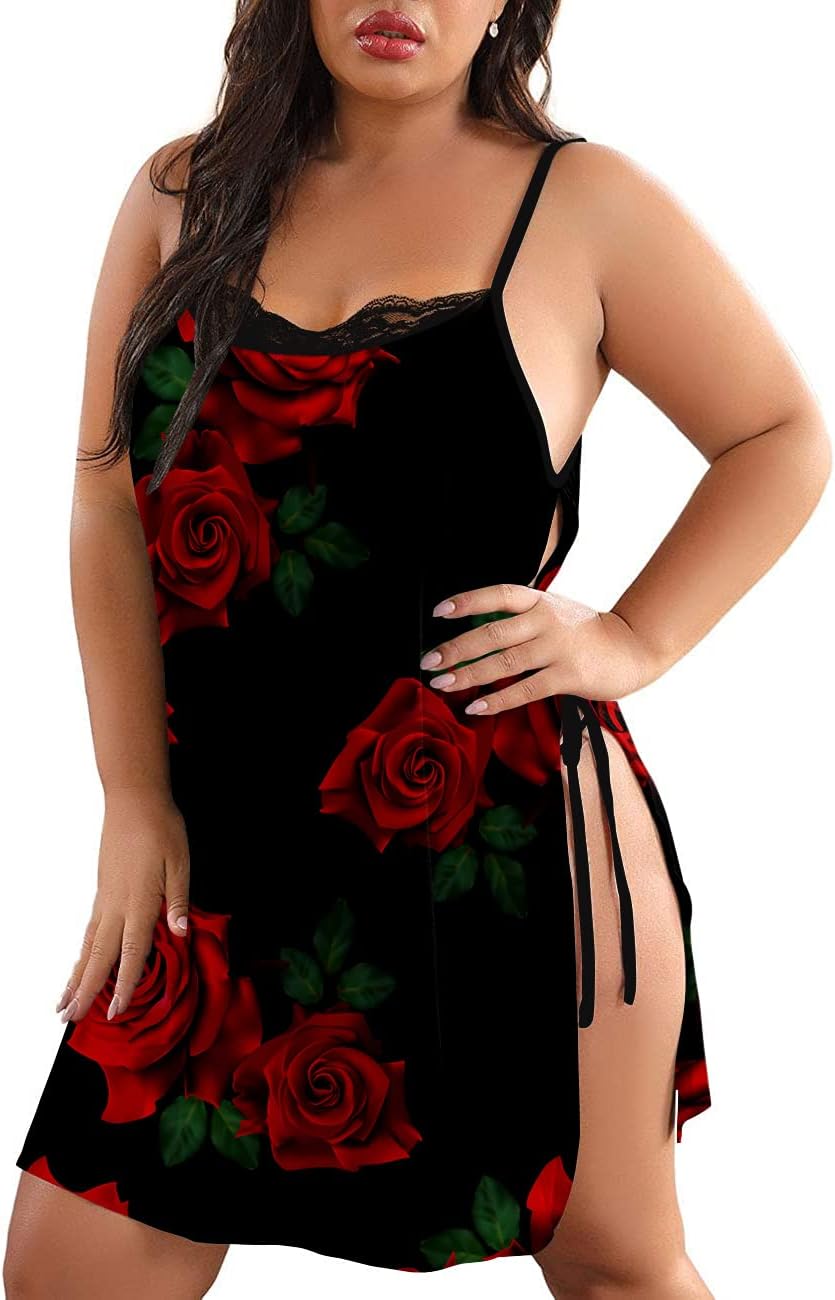 Women Plus Size Lace Babydoll Lingerie Side Slit Strappy Chemise Sleepwear