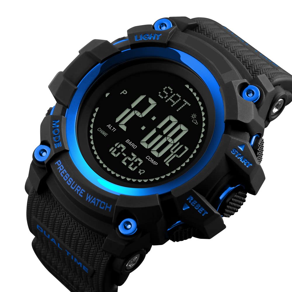 Homme Outdoor Militaires Sport Digital LED Plastique Montres Bracelet et Caoutchouc Ruban Multifonctionnel Boussole Podomètre Altimètre Baromètre Thermomètre