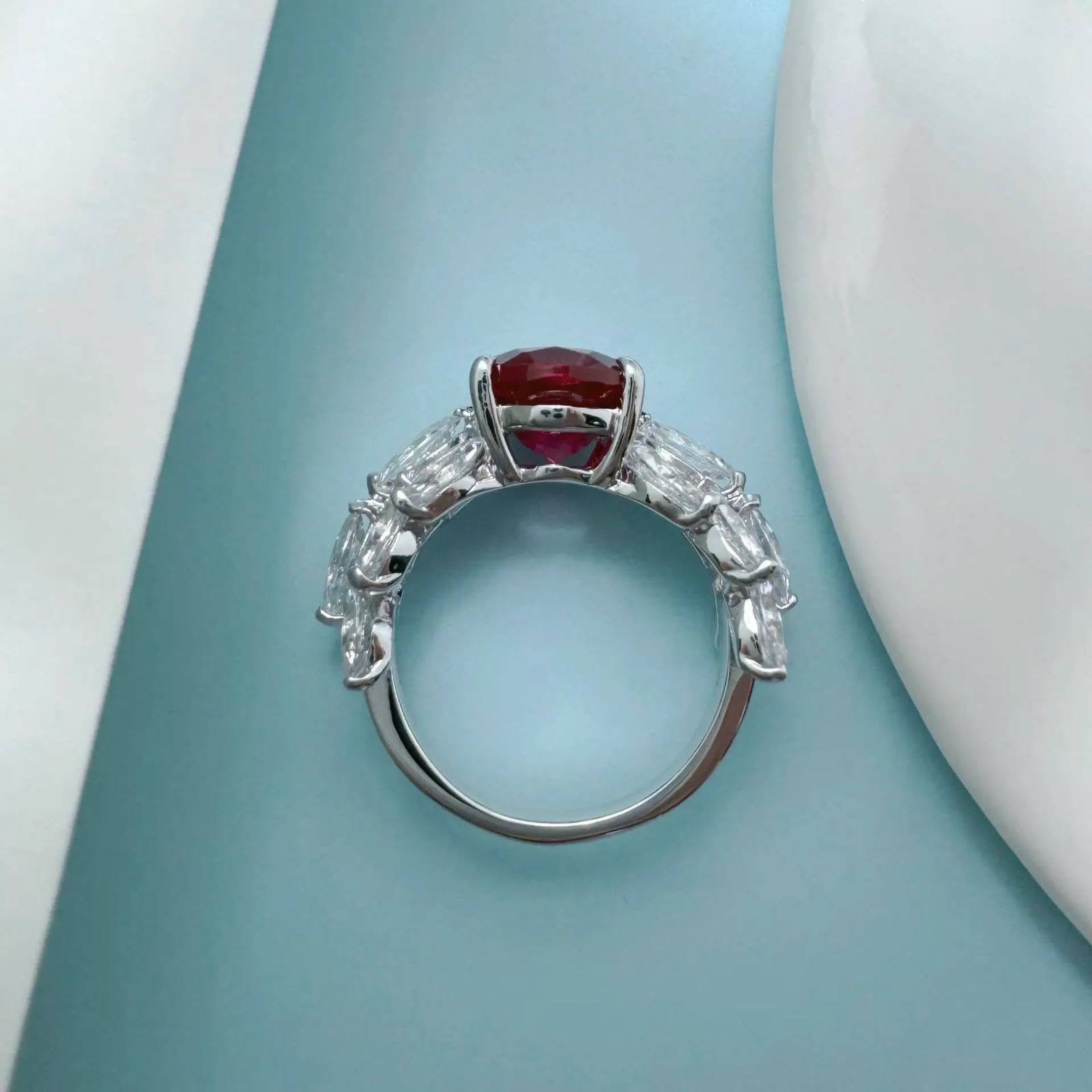 Platynowy pierścionek damski Vintage Hollow Marquise Wings zestaw z 3-karatowym owalnym rubinem i moissanitem - 6-czerwony