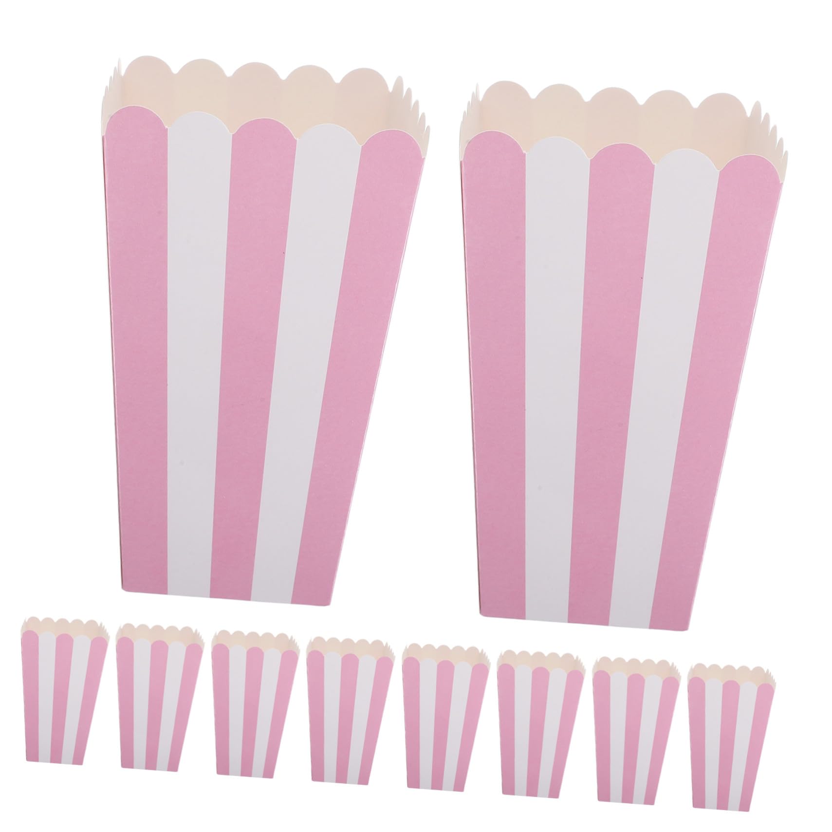 Gestreifte Popcorn Eimer aus Papier 100 Stück, Klein, Rosa | Wellenrand, Ölresistent und Stapelbar, für Festliche Anlässe Sowie Kinoabende