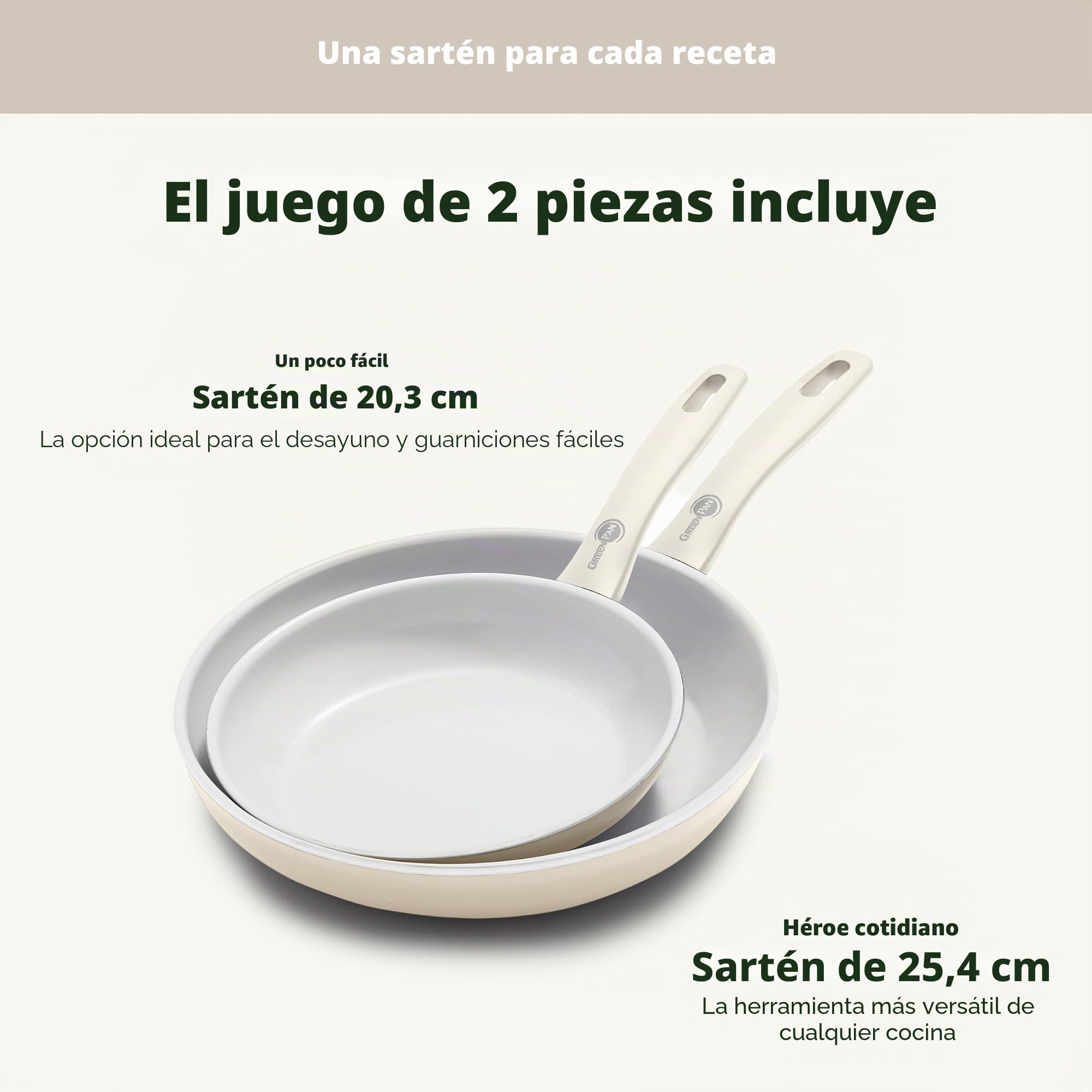 Greenpan Dover - Juego de sartenes antiadherentes de cerámica saludable, de 8 y 10 pulgadas, sin PFAS, aptas para lavavajillas, mango de agarre cómodo, color blanco crema