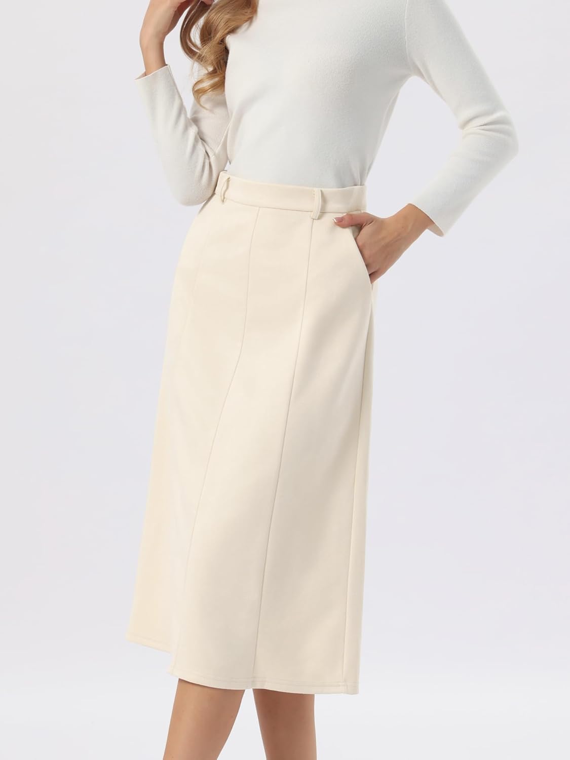 Seta T Women's Faux Suede Skirts Elastic High Waist Fall Winter A-Line Midi Skirt with Pockets - Image 2