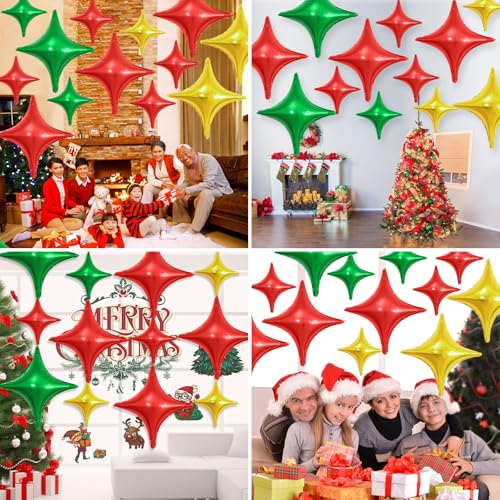 Image of Red Green Gold Star Balloons,12Pcs Four Angle Star Foil Balloons