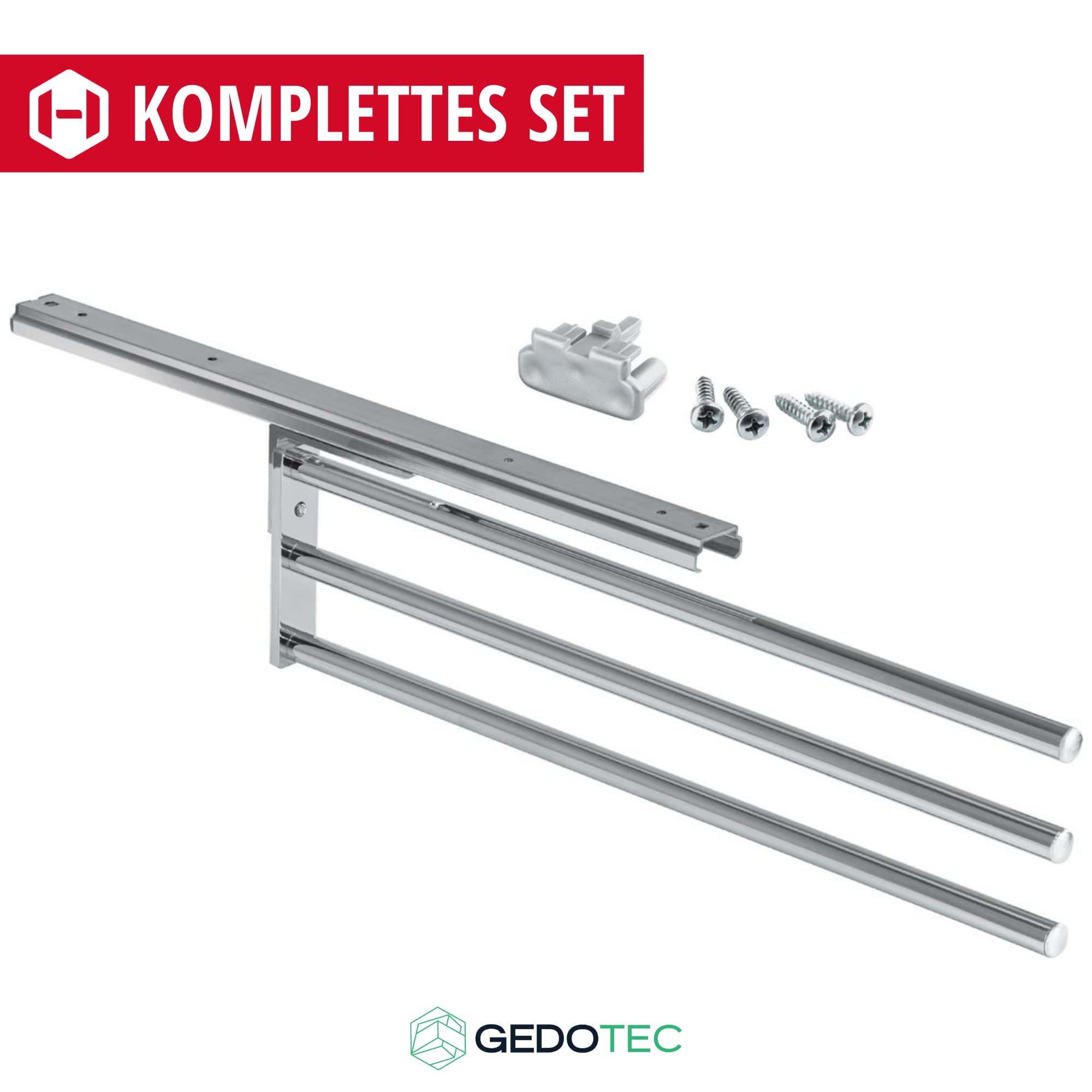 Gedotec Handtuchhalter 3 Stangen | Handtuchstange 3-armig | HOSTEL | Geschirrtuchhalter Chrom poliert glänzend | Handtuchauszug aus Aluminium - Einbaulänge 443 mm | Handtuchreling dreiarmig ausziehbar