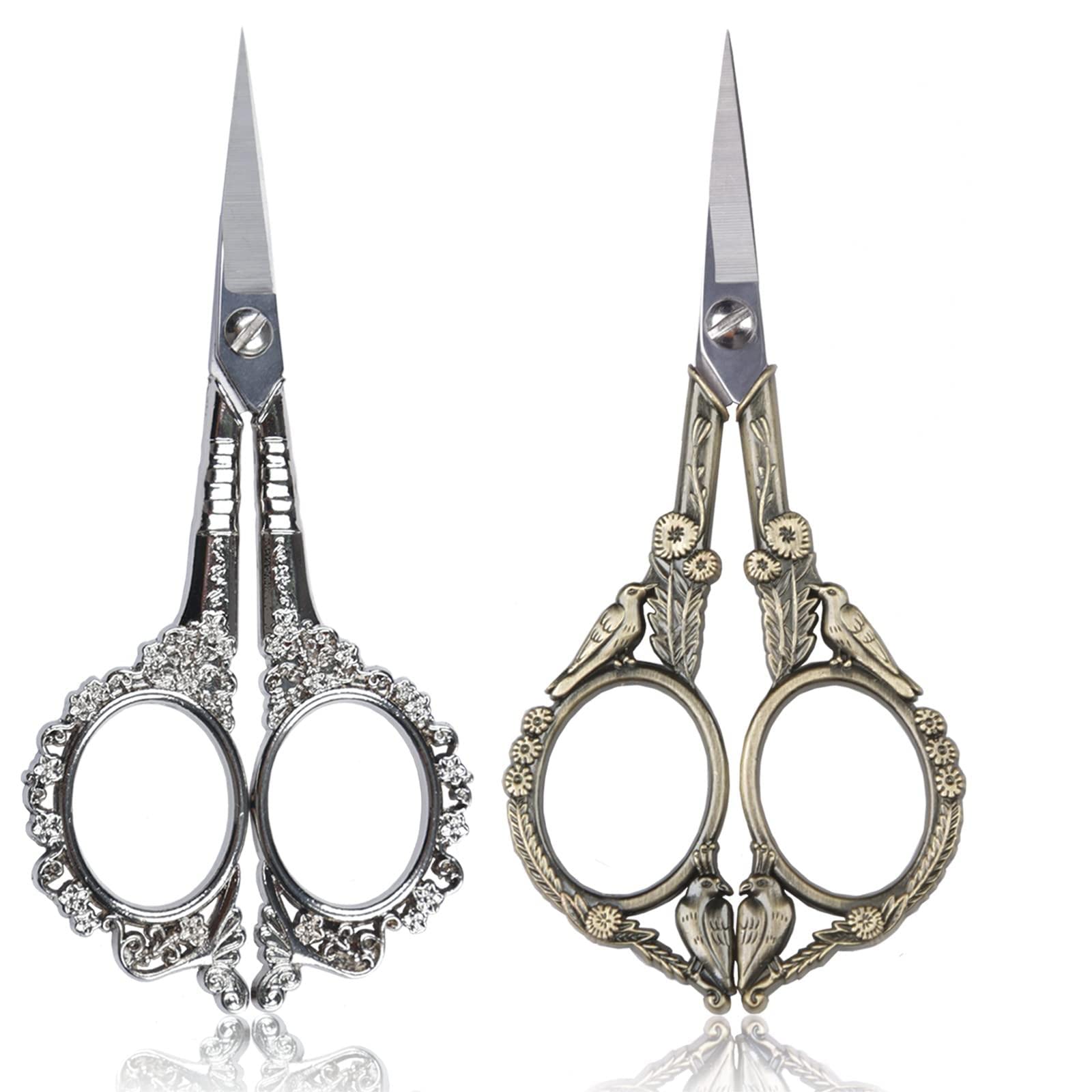 2 Pcs Eyebrow Scissors Vintage Stainless Steel Cuticle Precision Embroidery Scissors Beauty Grooming for Nail, Facial Hair, Eyebrow, Eyelash, Nose Hair, Moustache, Manicure Crochet Threading Tool