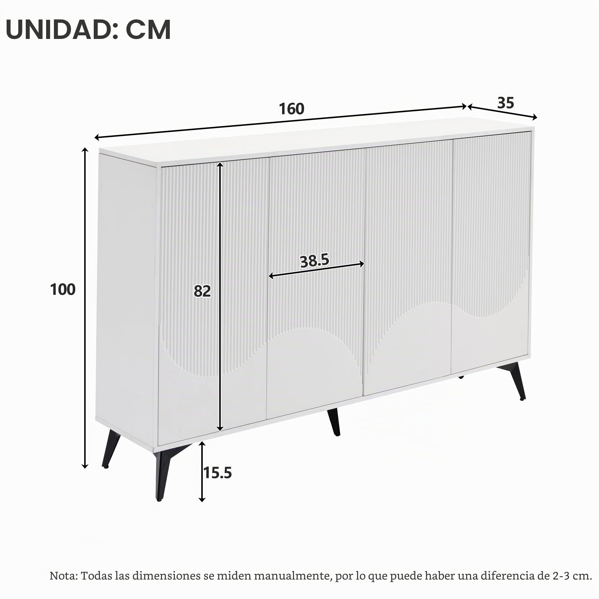 Kebnor Aparador blanco ancho 160 cm, aparador multifunción, aparador, con estantes ajustables, 4 puertas, patas de metal (blanco)