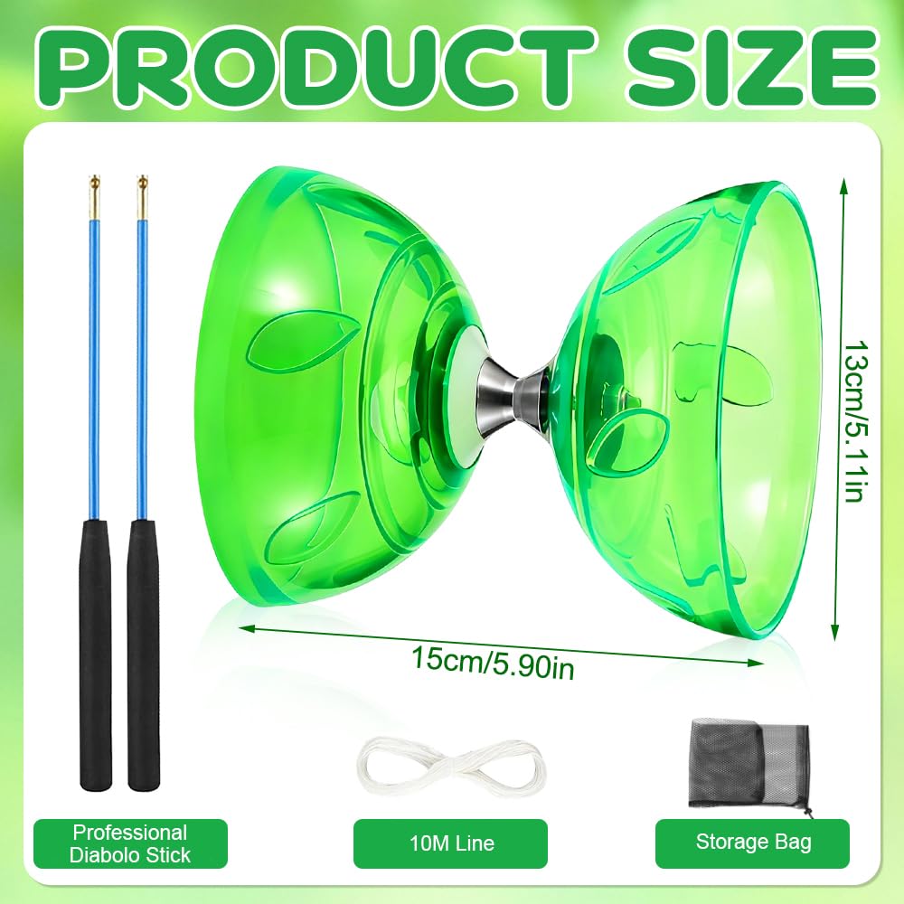 Diabolo mit Kugellager, Led Diabolo Kugellager mit Professionellem Stick, Transparent Weichgummi DIABOLO Leuchtend, Jonglierspielzeug für Erwachsene, Profispieler und Anfänger (Grün)