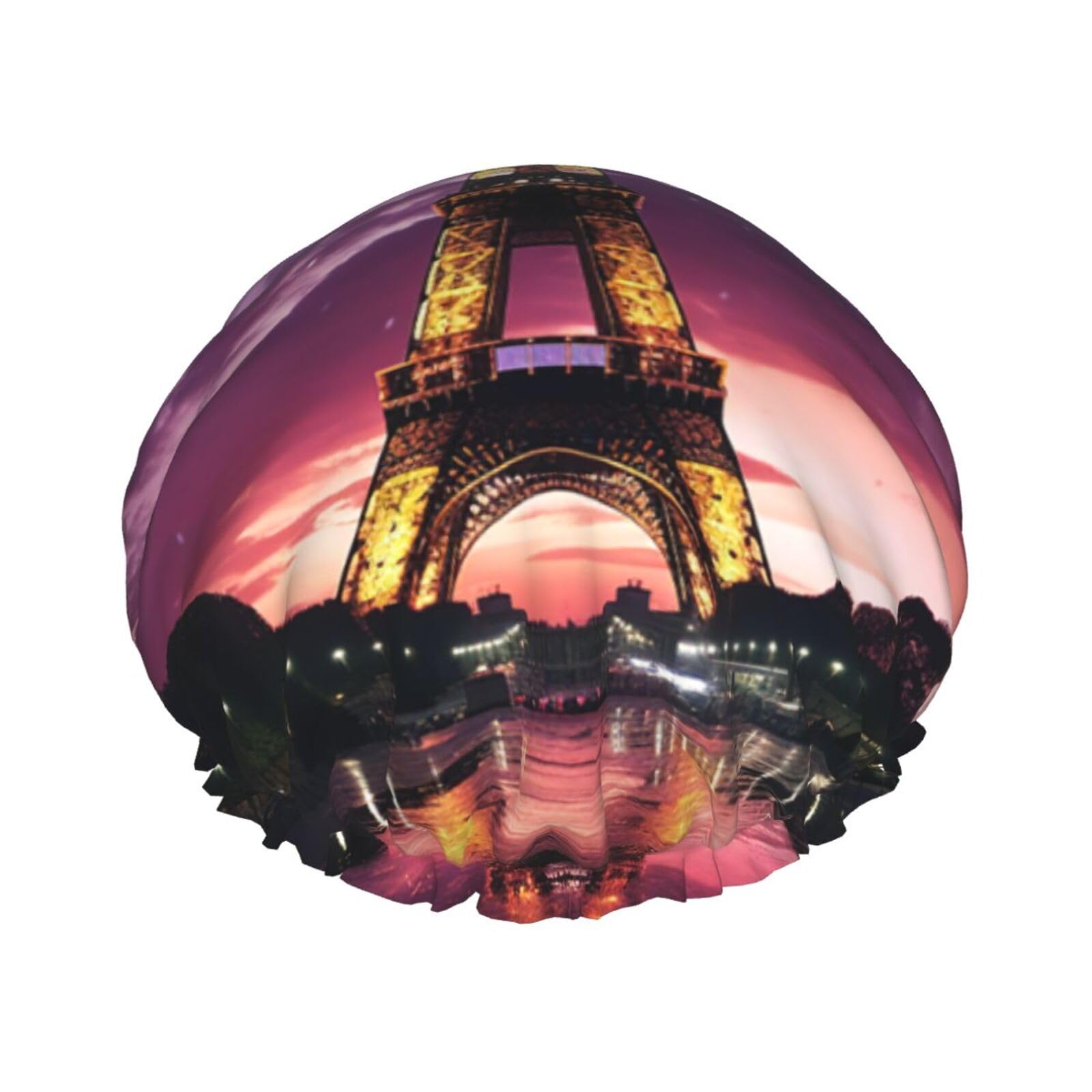 Purple Eiffel Tower Shower Cap for Women Reusable Waterproof Shower Bonnet Washable Elastic Band Bath Hair Hat Double Layered Bath Cap Extra Large for Long Hair