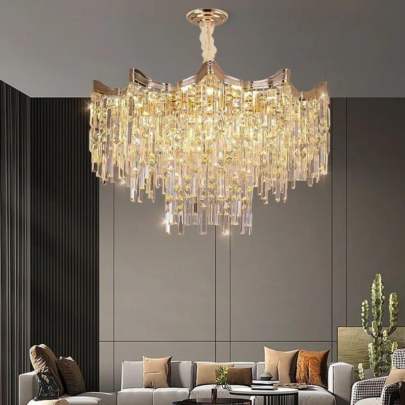 Lustre moderne cristal doré pour salon sombre éclairage blanc froid puissant et élégant