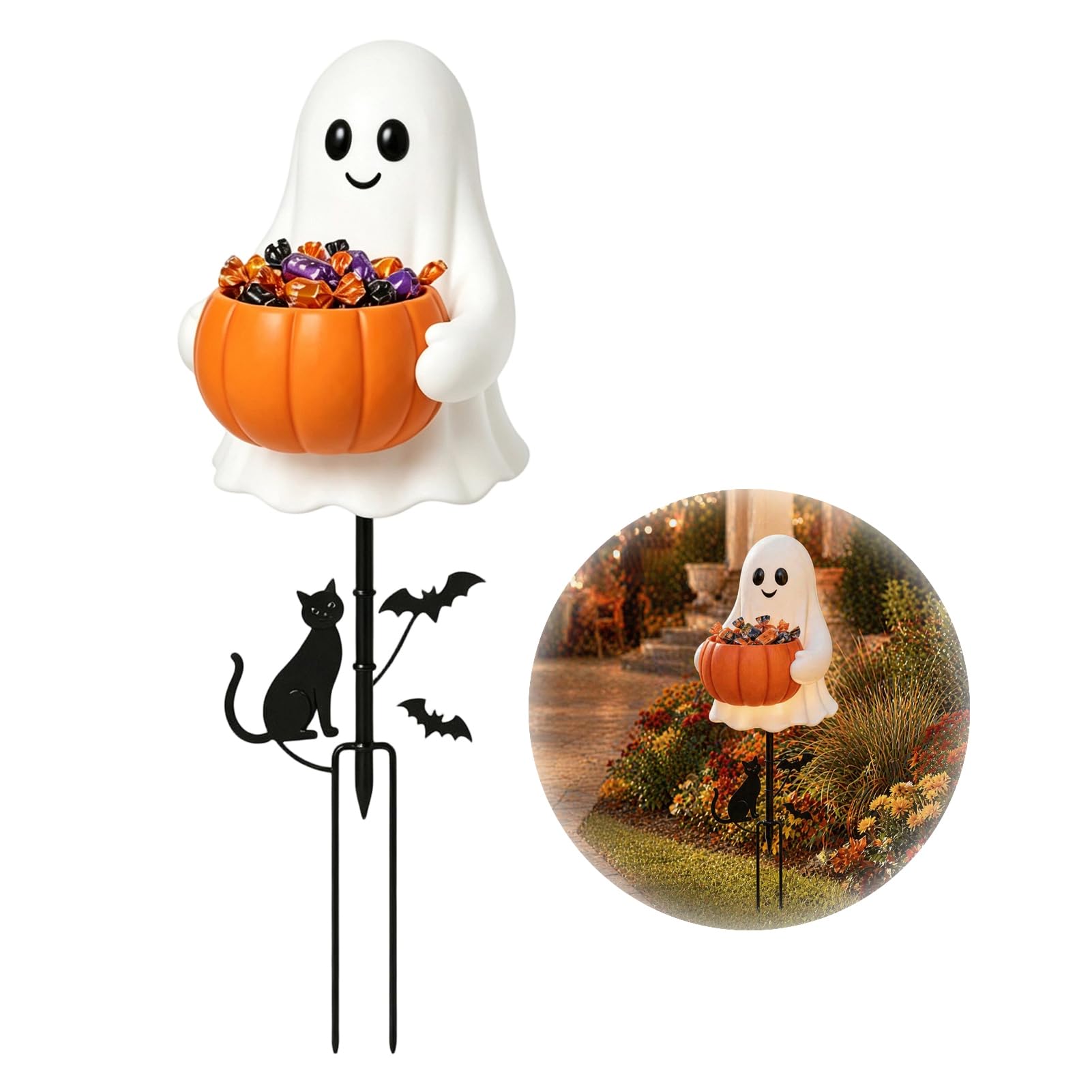 sugerou Halloween Ghost Candy Holder Garden Stake, Cute Glowing Ghost with Pumpkin Candy Bowl, Outdoor Yard Sign for Front Porch, Lawn, Pathway, Trick or Treat Party Decor White