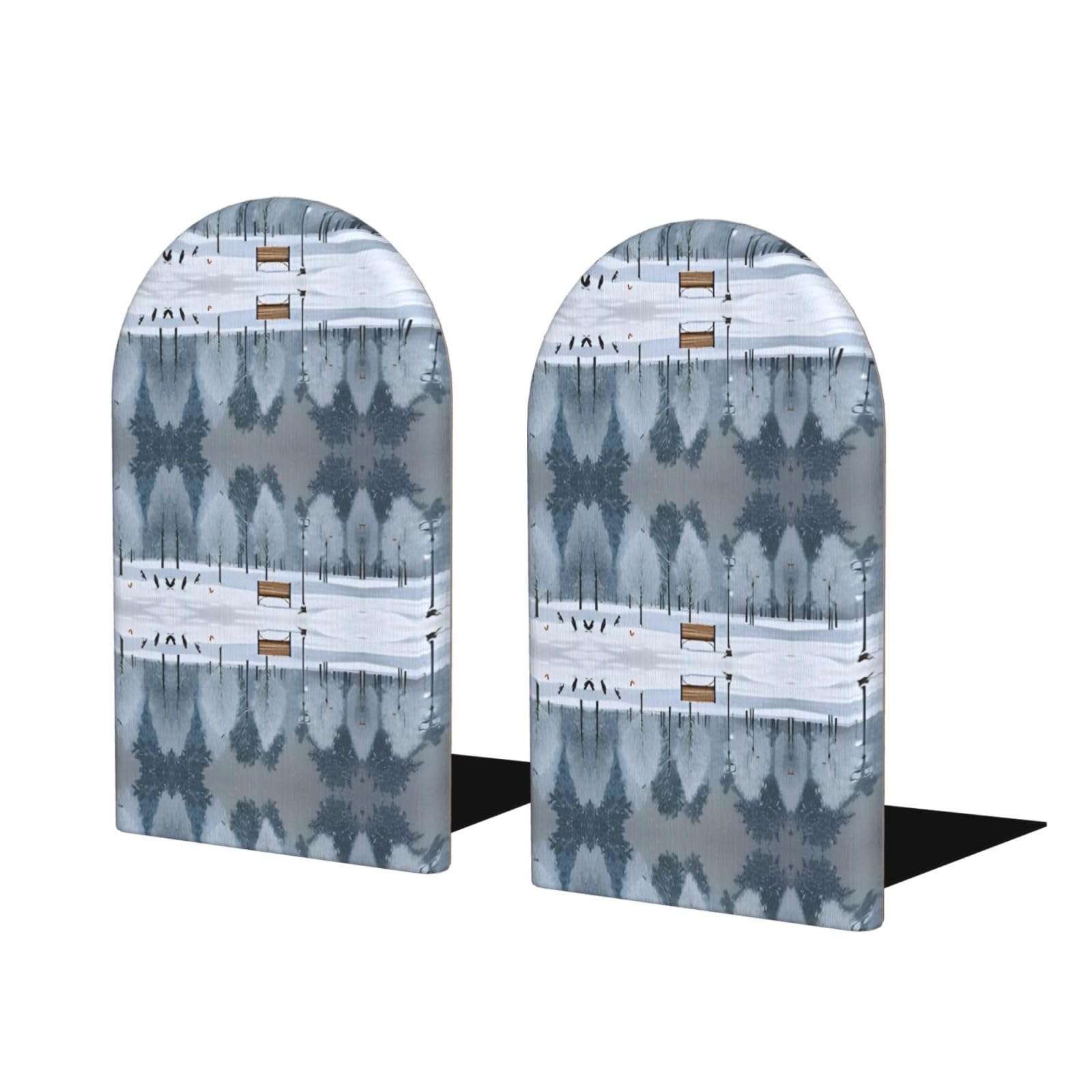 Birds in The Park On A Snowy Day Stylish Bookends with Full-Print Design Durable Wooden and Metal Bookend Set for Home, Office
