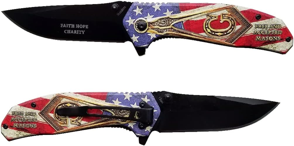 Masonic Folding Pocket Knife, Full Color 3D American Flag with Masons Square and Compasses on the Handles.