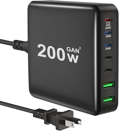 Cargador USB C, estación de carga rápida USB C de 200 W y 7 puertos, cargador de laptop de 65 W compatible con MacBook Pro/Air, iPad, iPhone