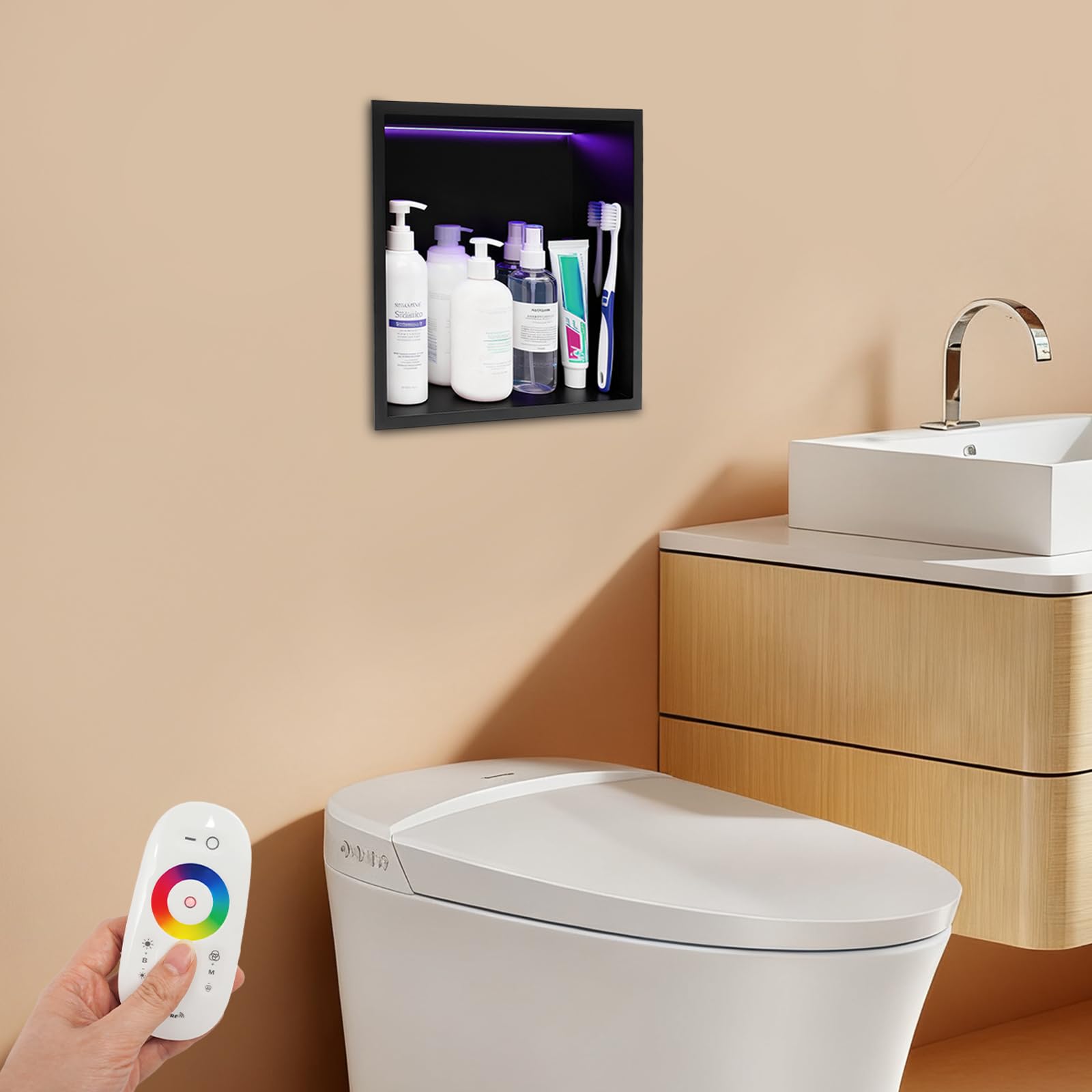 Edelstahl Wandnische mit RGB LED Beleuchtung, 304, Schwarz | Unterputz Wandnische mit RGB LED Beleuchtung und 91,5° Gefälle für Badezimmer und Dusche–inklusive Fernbedienung und Netzteil