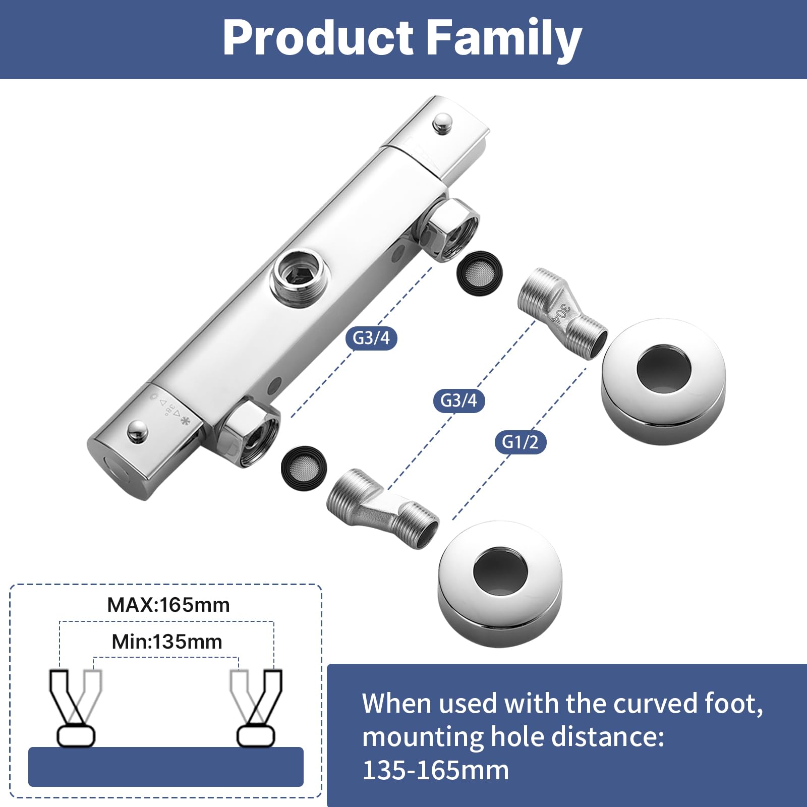 Miscelatore termostatico per doccia con uscita superiore 3/4" BSP, valvola termostatica per doccia in ottone, 38 °C, anti-scottatura, con adattatore per tubo BSP da 3/4" a 1/2", rubinetto miscelatore