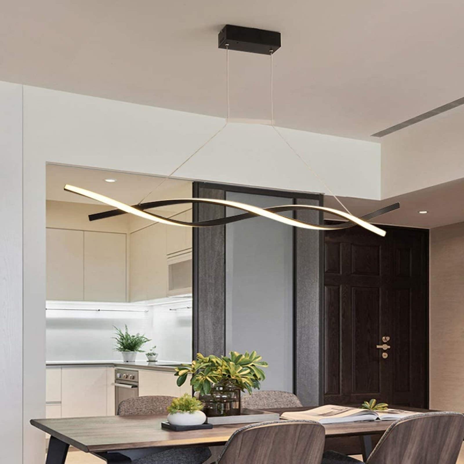 KXEcoLife Modern Wave Design LED Pendant Light for Kitchen Island Dining Table Living Room Adjustable Curl Linear Spiral Chandelier with Stepless Dimming Black 100cm