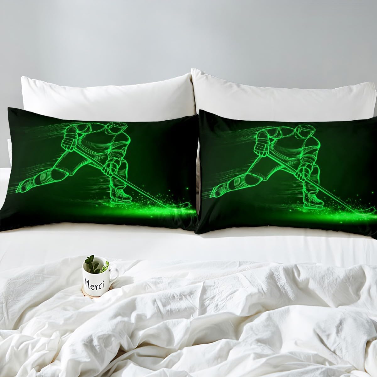 Erosebridal Hockey Puck Comforter Cover Twin Size Ice Hockey Sticks Duvet Cover Hockey Player Bedding Set with 2 Pillowcases Winter Sport Game Quilt Cover for Kids Boys Room Decor, Black Green