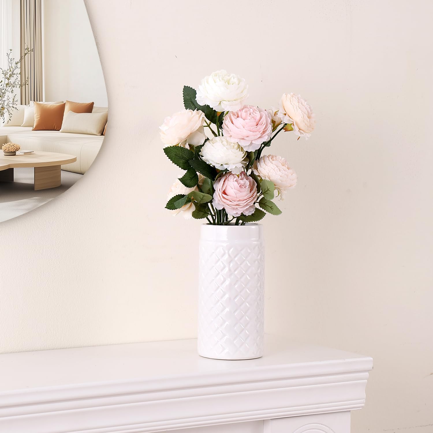 White Ceramic Vase for Flowers, White Ribbed Vase, Large Ceramic Vases, Modern Decorative Vases for Home Decor, Living Room, Office, Fireplace, Dining Table, 8 inches - Image 6