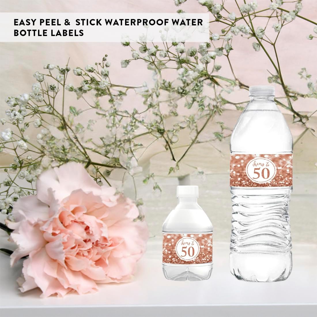 Andaz Press Glitzy Faux Glitter Rose Gold Water Bottle Labels Stickers, Cheers To 50 Years Stickers 50th Birthday Stickers Anniversary 50th Birthday Decorations For Women Birthday Party Favors 20-Pack