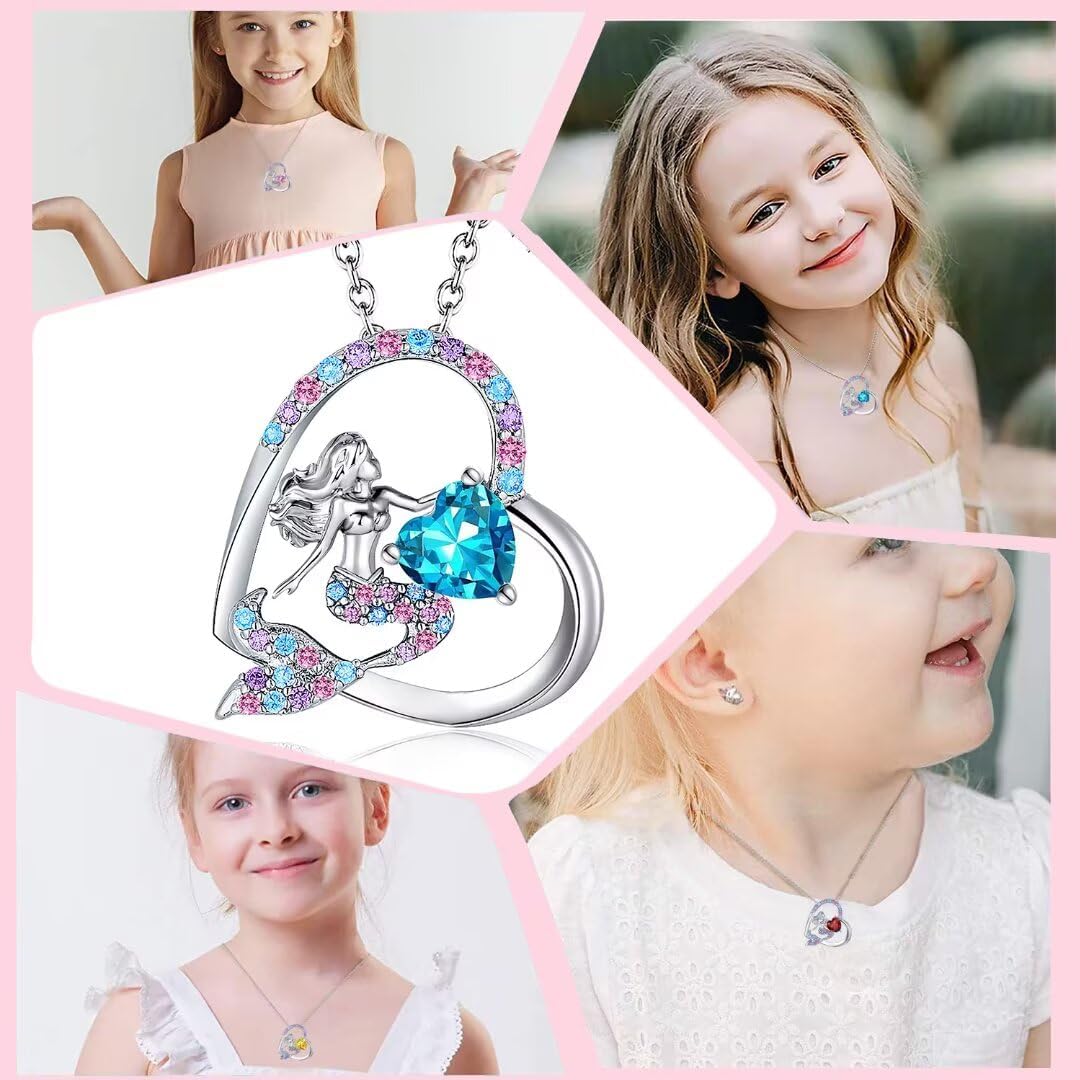 Mermaid Birthstone Necklace for Kids Girls Heart Mermaid Tail Beaded Necklace Gifts Birthday Jewelry for Little Teens Girls Daughter Granddaughter Niece - Image 4