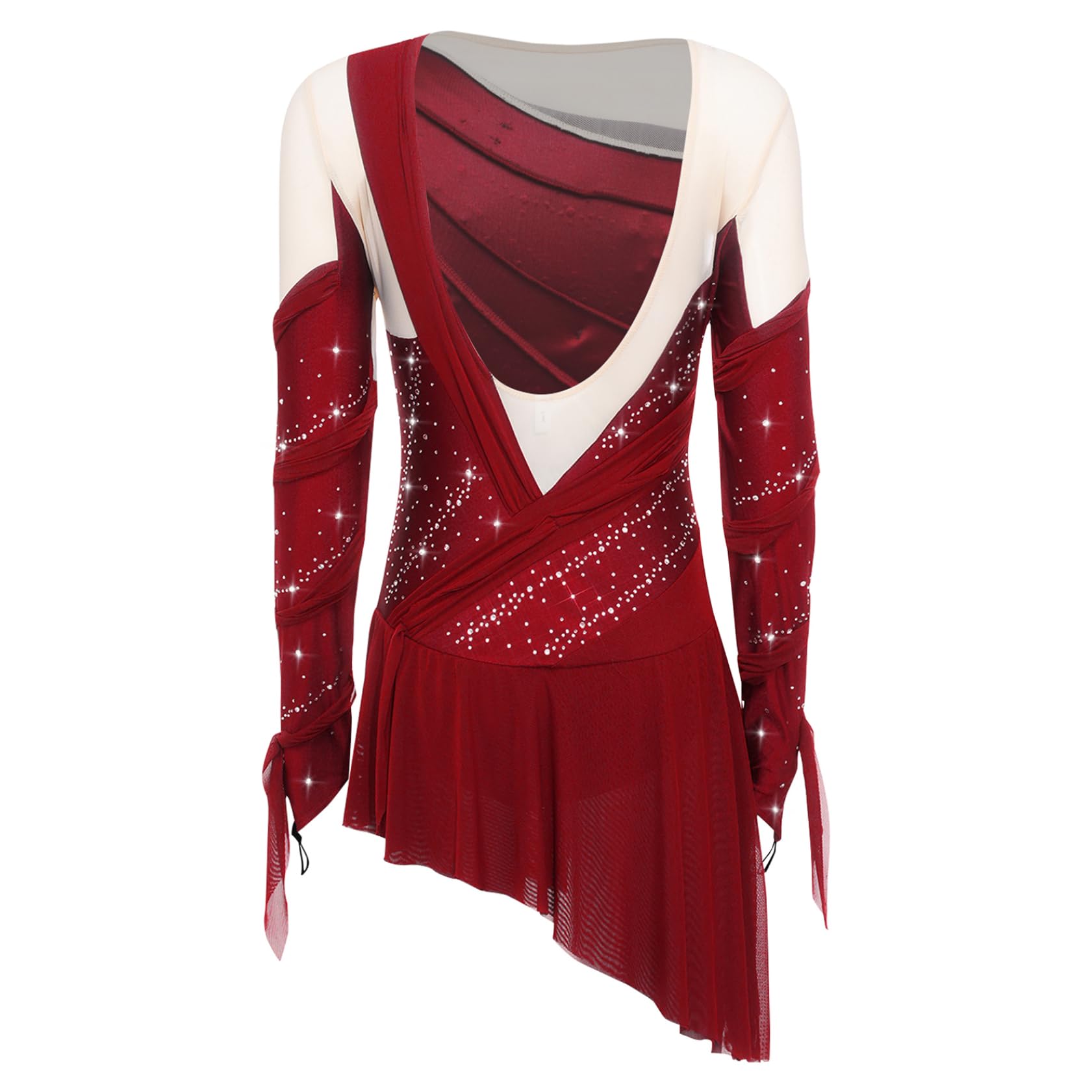 Sywiyi Damen Eiskunstlauf Kleid Langarm Rollkunstlauf Kleid Glitzer Tanzkleid Trikot mit Mesh Rock Kürkleid Wettkampf Bühnen Auftritt Outfit