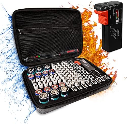 MAOGENXI Battery Storage Case, Waterproof and Fireproof Battery Storage Box, Can Store 148 Batteries (AA AAA C D 9V) - with Battery Tester BT-168, Easy to Store (Batteries Not Included) Gray