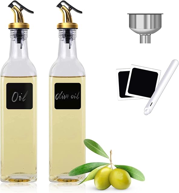 ACEWARMS Oil Dispenser,Olive Oil Bottle Drizzler for Kitchen,2 Pcs Vinegar Bottle 250ml Lead-Free Clear Glass Oil Bottle Set,with Spouts,Funnel and Labels