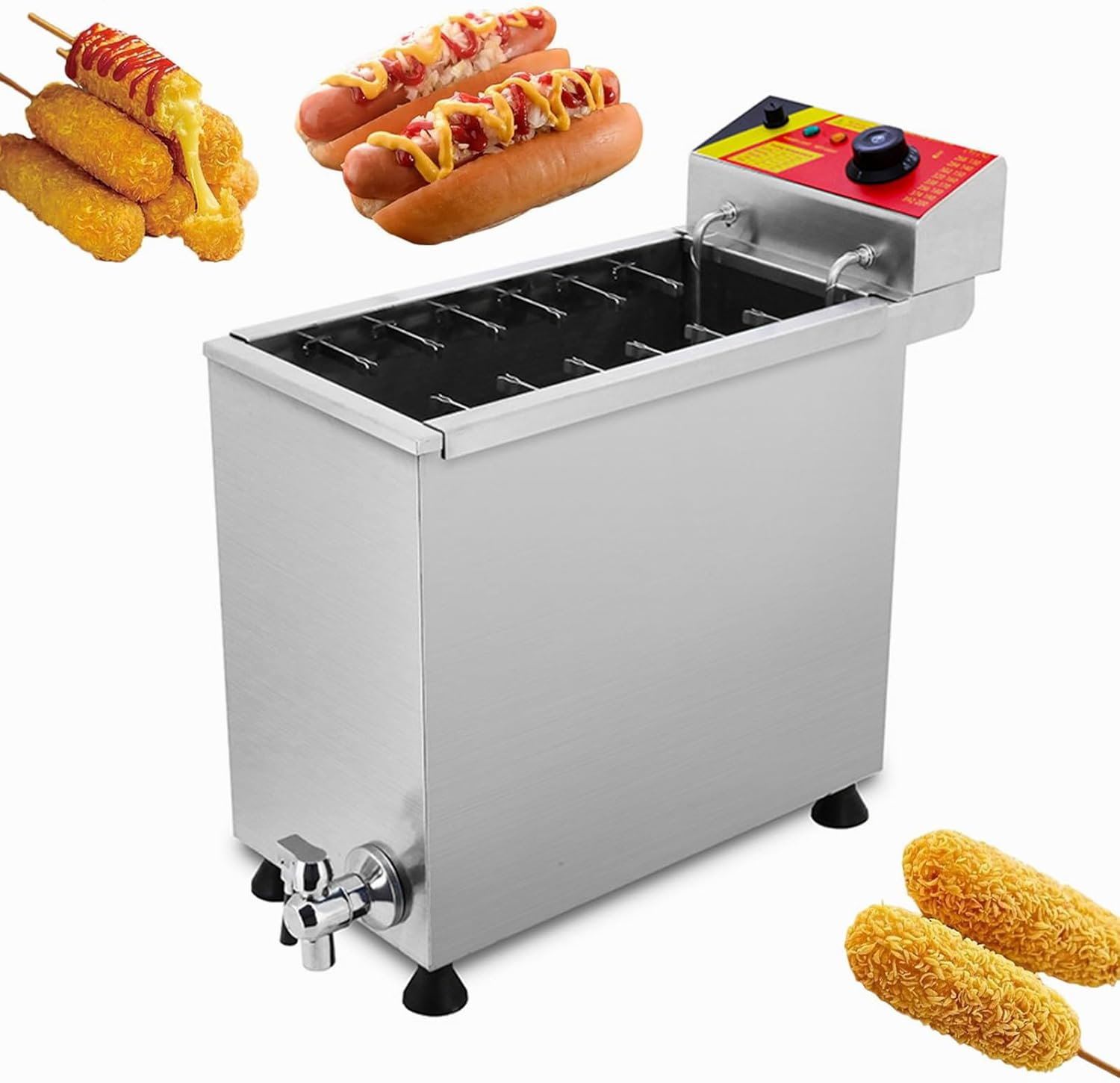 Commercial 25L Electric Corn Dog Fryer with 12 Skewer Hooks, 110V 3000W Deep Tank Cheese Hot Dog Machine, Stainless Steel Tabletop Fryer with Oil Drain Valve for High-Volume Snack Bar & Restaurant