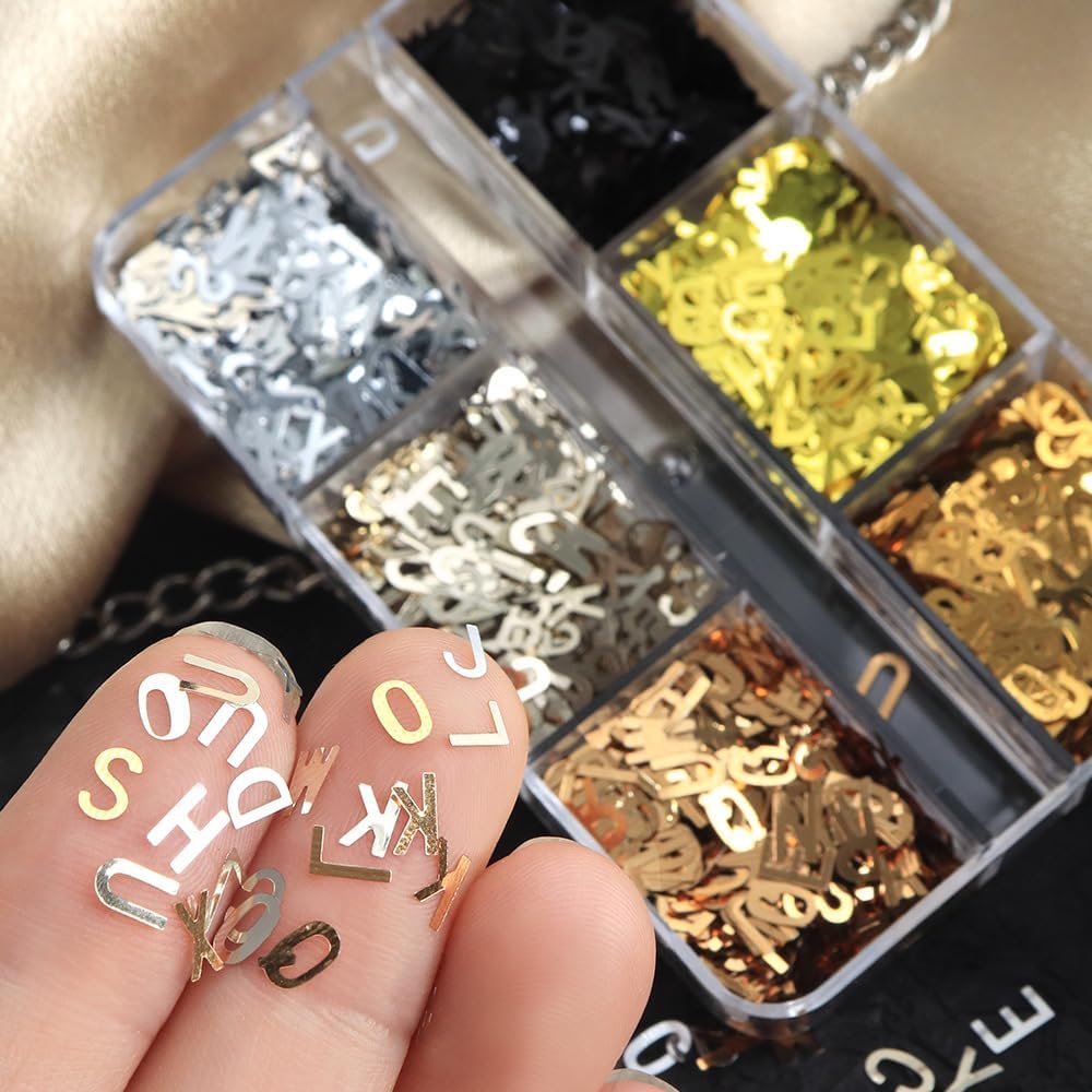 Alphabet Nail Art Sequins, 3D Chunky Nail Glitter Letter Nail Flakes for Women DIY Manicure Decoration, Gold Black Confetti for Nail Designs Decals, 6mm 6 Grids (Black and Gold)