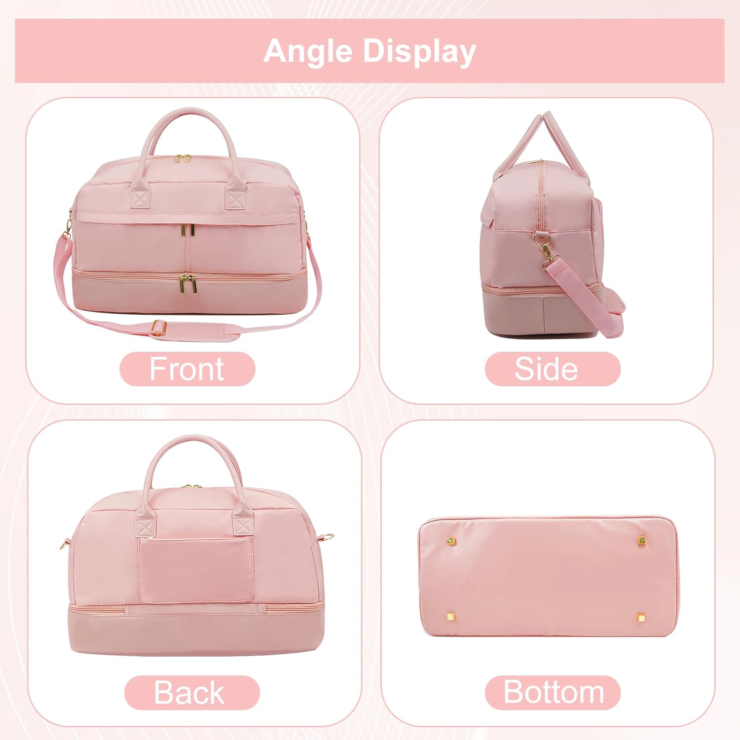Travel Duffle Bag for Women, Weekender Bag with Shoe Compartment, Carry-On Personal Item, Nylon Gym Tote with Trolley Sleeve, Detachable Adjustable Shoulder Strap, Overnight Travel Tote Bag (Pink) - Image 5