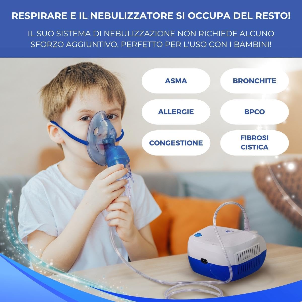 Mobiclinic®, Aerosol con compressore, Neb-2, Portatile, Per bambini e adulti, Borsa da trasporto, Trattamento delle malattie respiratorie, Maschere di varie dimensioni, 5 filtri dell'aria
