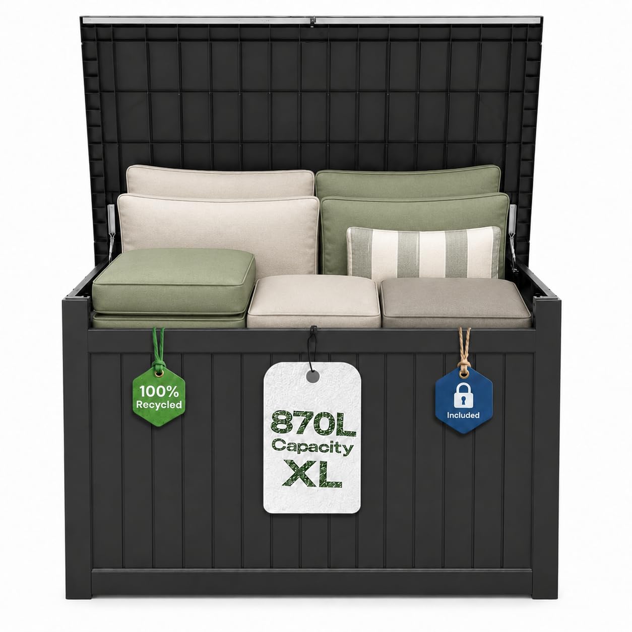 Olsen & Smith 870L XXL Recycled Lockable Outdoor Garden Storage Box & Bench Seat – Weatherproof & Waterproof Anthracite Chest with Padlock & Gas-Assisted Lid – Cushions, Tools, Toys & Furniture