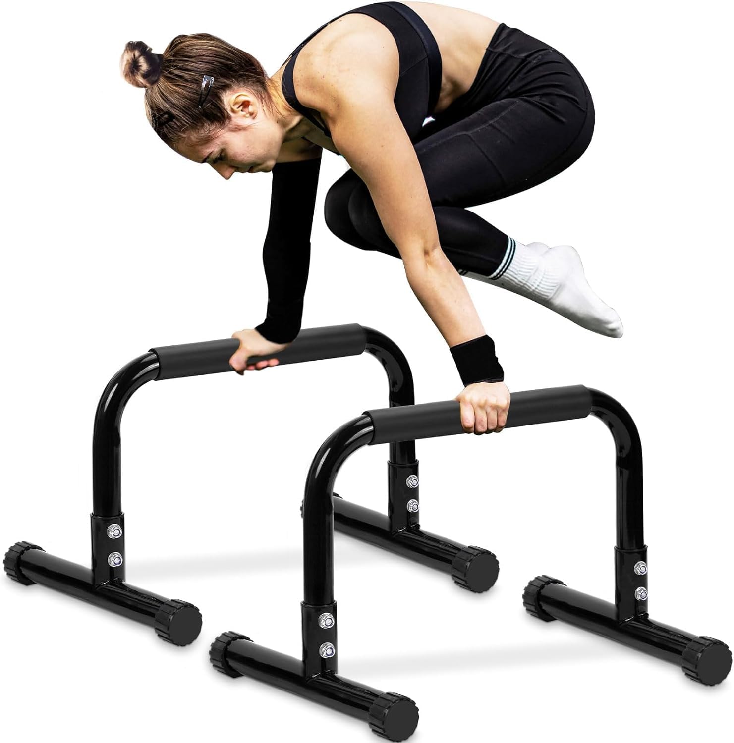 TABEKE Push Up Bar, 14'' High Steel Parallettes & Dip Bar with Full Coverage Foam Handle, Heavy-Duty Calisthenics Parallel Bars for L-Sit, Dips, Home Gym Strength Training Workout