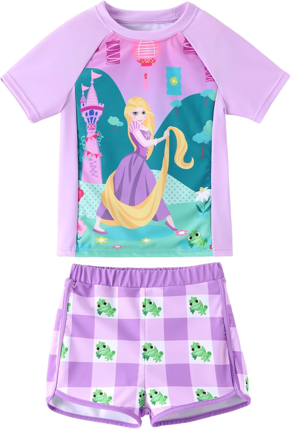 Disney Frozen Elsa Princess Girls Two Piece UPF 50+ Protection Quick-Dry Short Sleeve Swim Sets Rashguard Bathing Suit