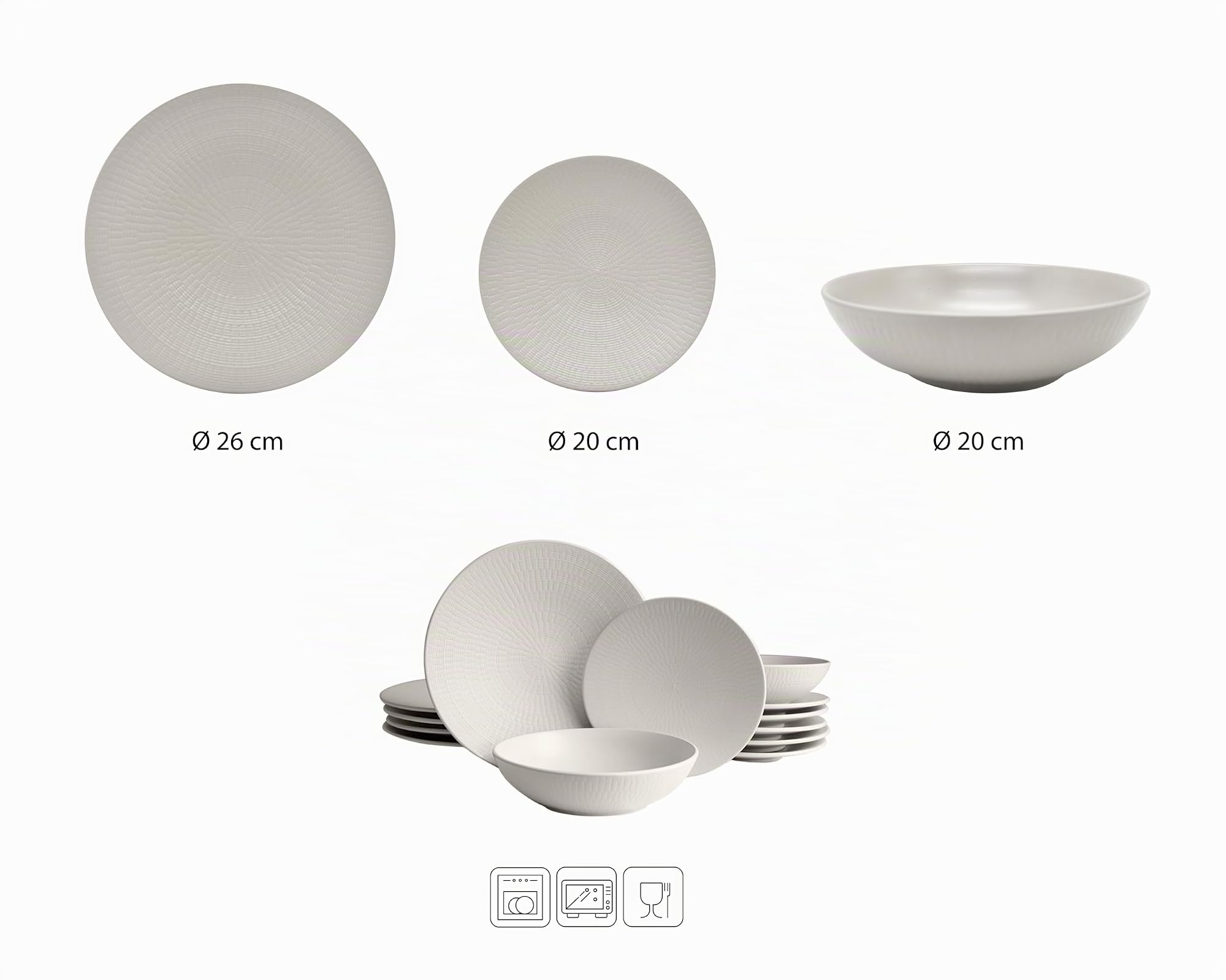ECHTWERK Blanka Service de table vintage 12 pièces 4 personnes Design naturel élégant avec structure en faïence avec 4 assiettes plates, 4 assiettes à dessert, 4 assiettes creuses, crème EW-DW-4015C