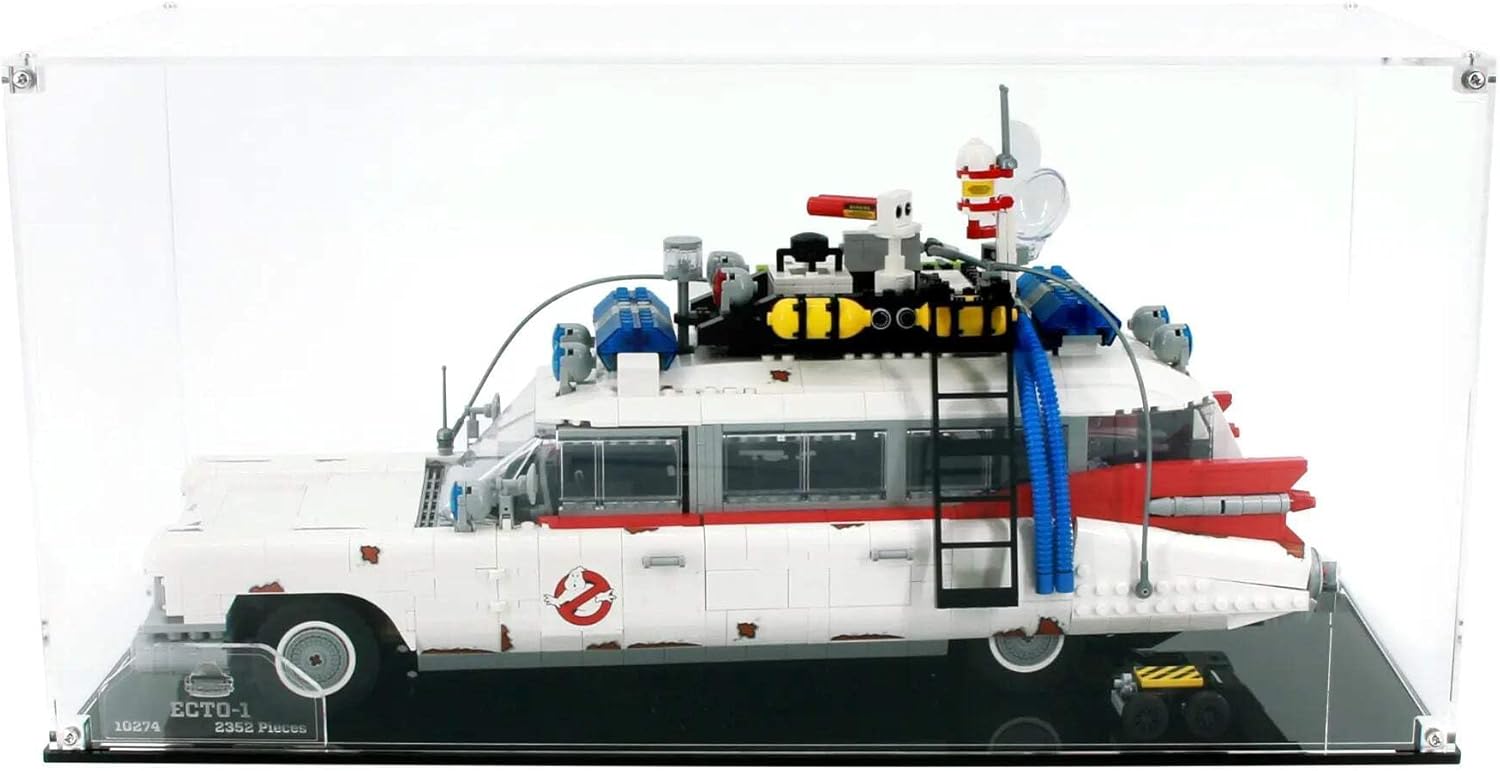 Display Case Compatible with Lego Ser 10274 - Ghostbusters ECTO-1 - Acrylic Dustproof Showcase with Pre-Printed Background - Set Not Included