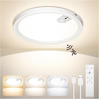 plafon con sensor de movimiento, batería recargable de 7000mAh, 3 temperaturas de color, regulable en brillo, con control remoto con temporizador, adecuada para baños, pasillos, garajes（1 pcs）
