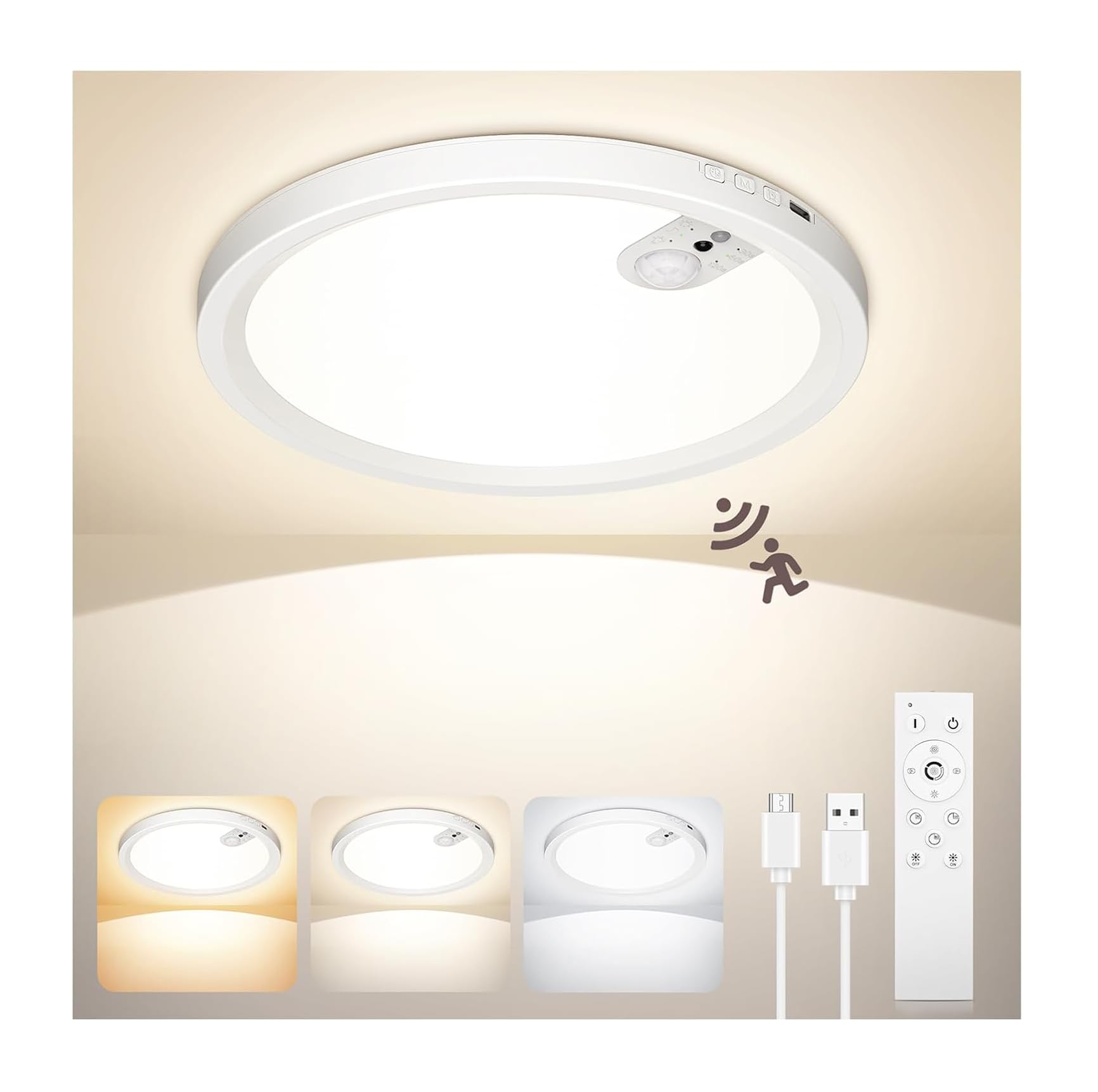 Uwithm Deckenleuchte mit Bewegungsmelder, 7000mAh Aufladbare LED Deckenlampe, 3 Farbtemperaturen Dimmbar, Fernbedienung mit Timer, Deckenlampe ohne Stromanschluss für Badezimmer Flur Garage(1 Stück)