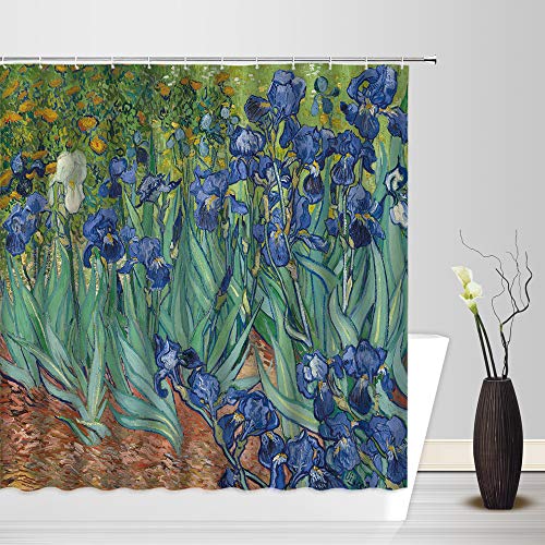 Van Gogh Iris Shower Curtain, Vintage Oil Painting Iris Flower Leaf Garden Rustic Countryside Art Print Fabric Bathroom Decor Sets With 12 Hooks,71X71 Inchs,Green Purple #TOP1