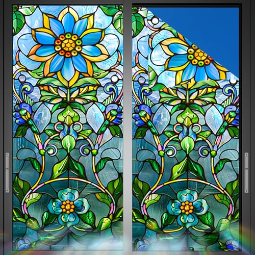Image of Nuxovilar Sparkle Colorful Floral Flower Window Film 17.7x39.4 PVC | Colorful Flower, Floral Cling bright blossom sticker, elegant glass wrap for bedroom living room home (Floral)