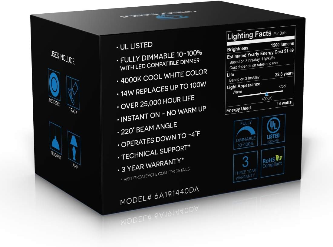 GREAT EAGLE LIGHTING CORPORATION 100W Equivalent LED A19 Light Bulb 1500 Lumens Cool White 4000K Dimmable 14-Watt UL Listed (6-Pack) - - 